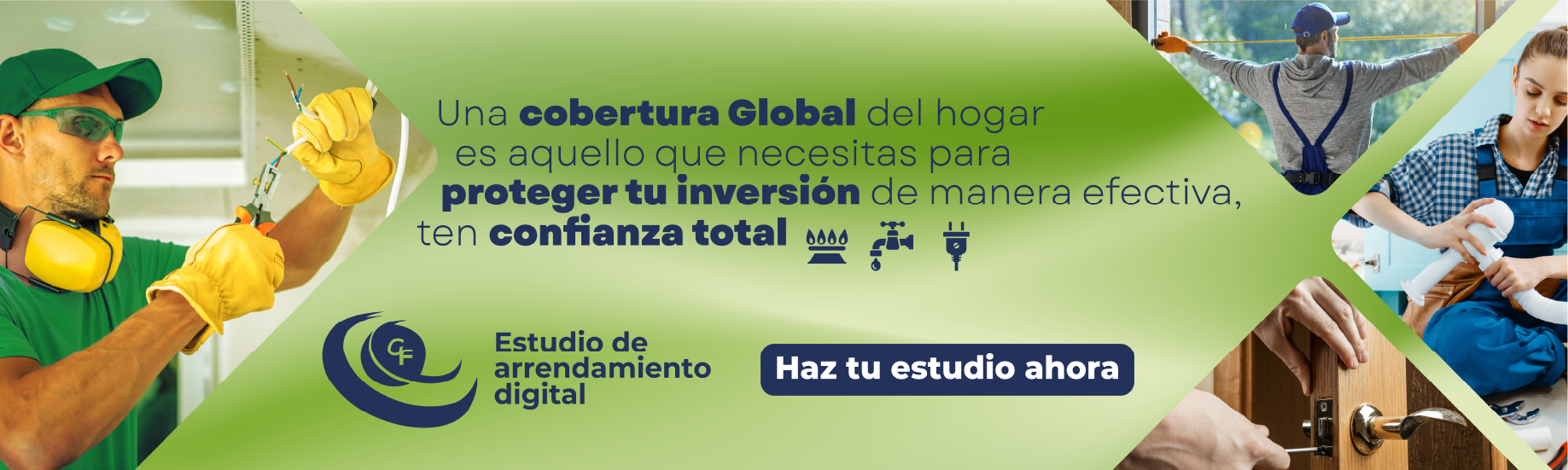 Collage de fotos de cobertura de servicios de cerrajería, electricista, vidriería, plomería y servicios públicos con botón para realizar estudio de arrendamiento digital