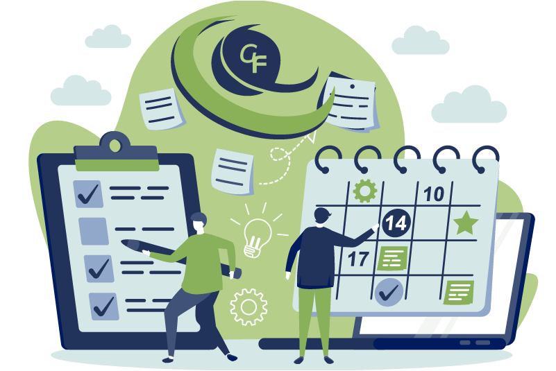 Ilustración de un equipo trabajando a ritmo de  un buen calendario y rmando contratos